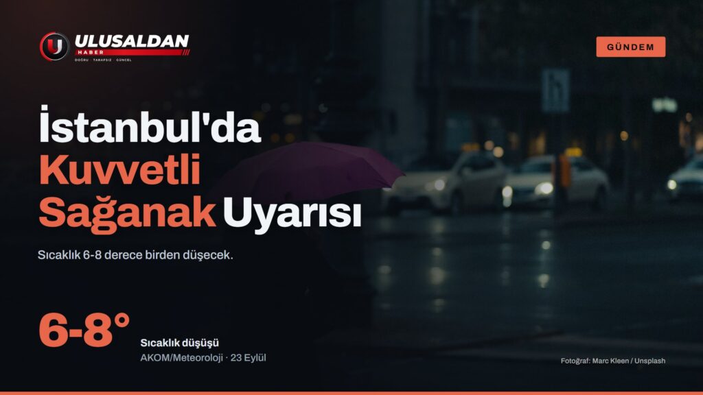 İstanbul sağanak uyarısı — Yağmurlu şehir caddesinde şemsiyeli kişi