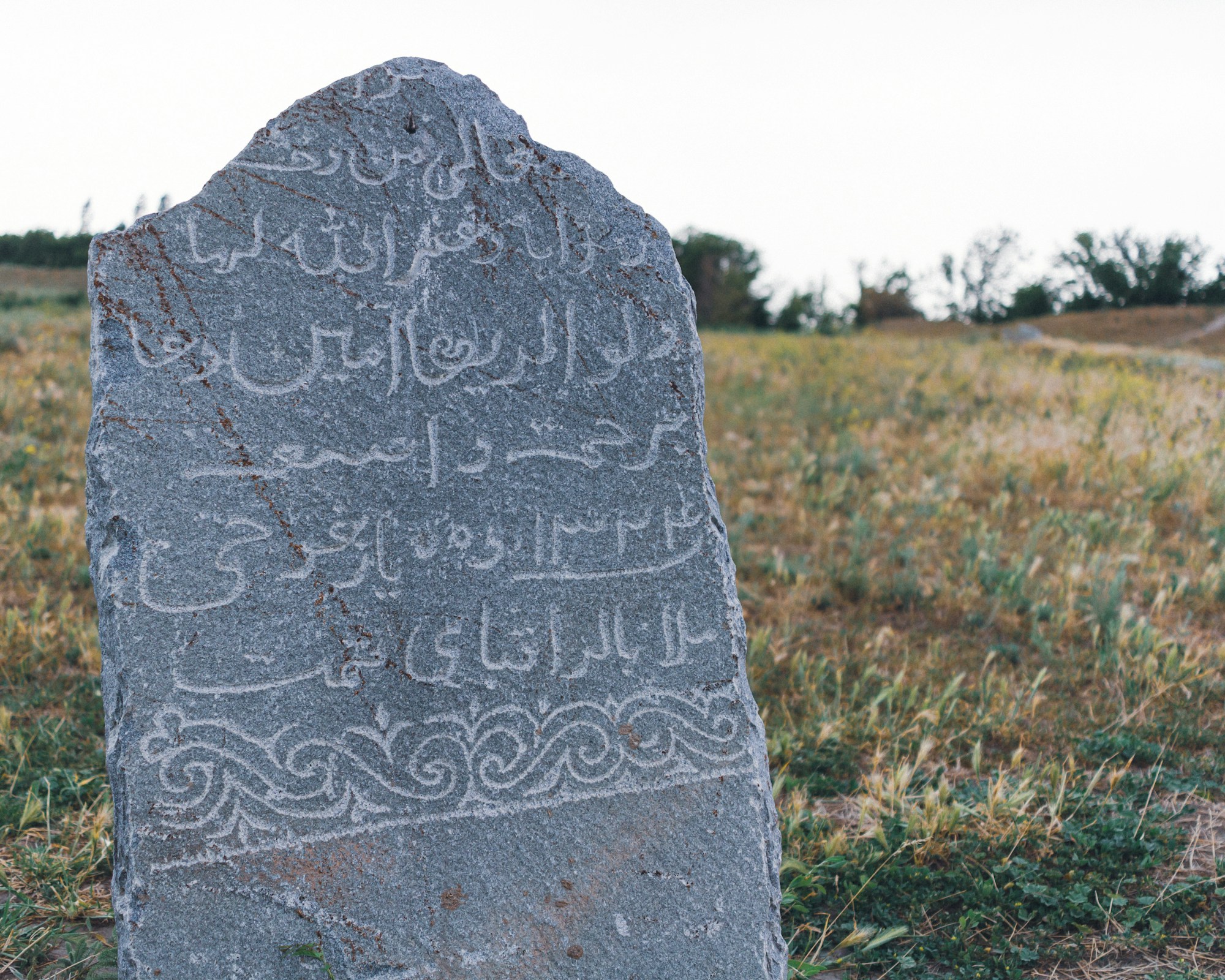 Çimenlik bir alanda duran, kitabeli eski bir mezar taşı (temsilî)