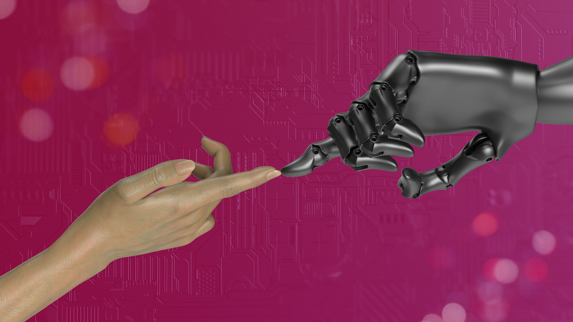Bir insan eli ile robot elinin parmak uçlarının buluşması